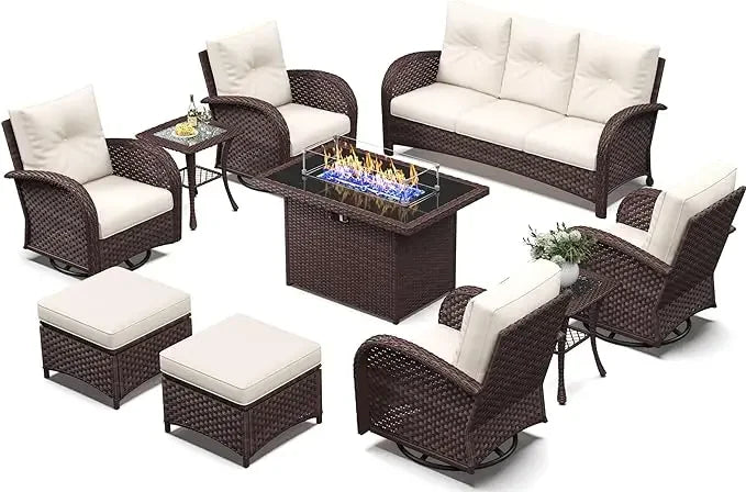 10 Piece Patio Furniture Set with Fire Pit Table, Wicker Rattan High Back Outdoor Swivel Chair Set, Black /Navy Blue
