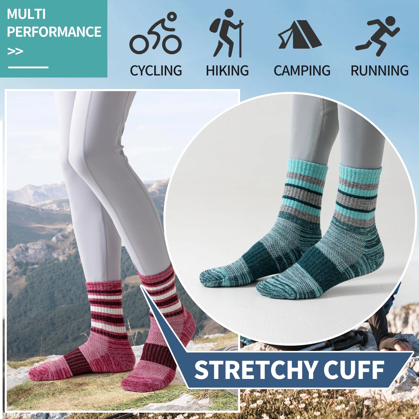 5 Pairs of Merino Wool Hiking Socks, Outdoor Long Socks,
