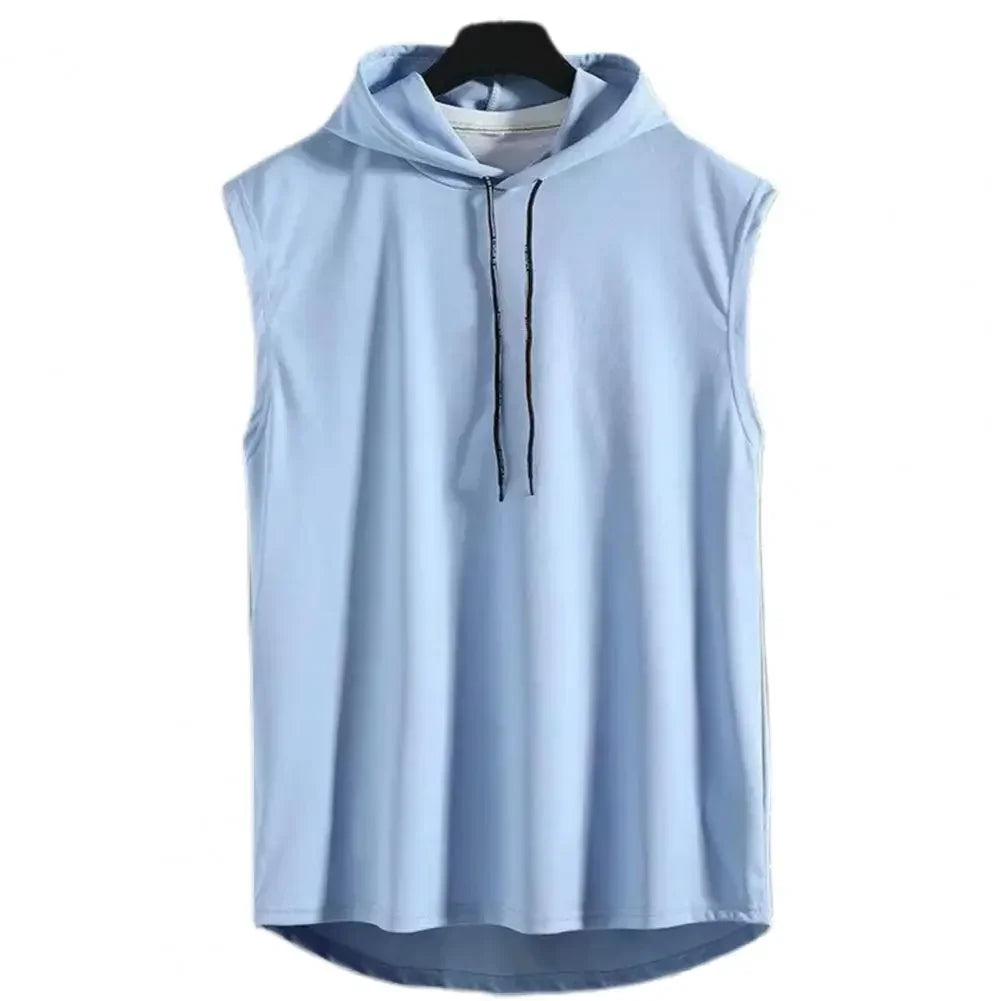 Ice Silk Summer Muscle Hoodie Vest Sleeveless Bodybuilding Gym