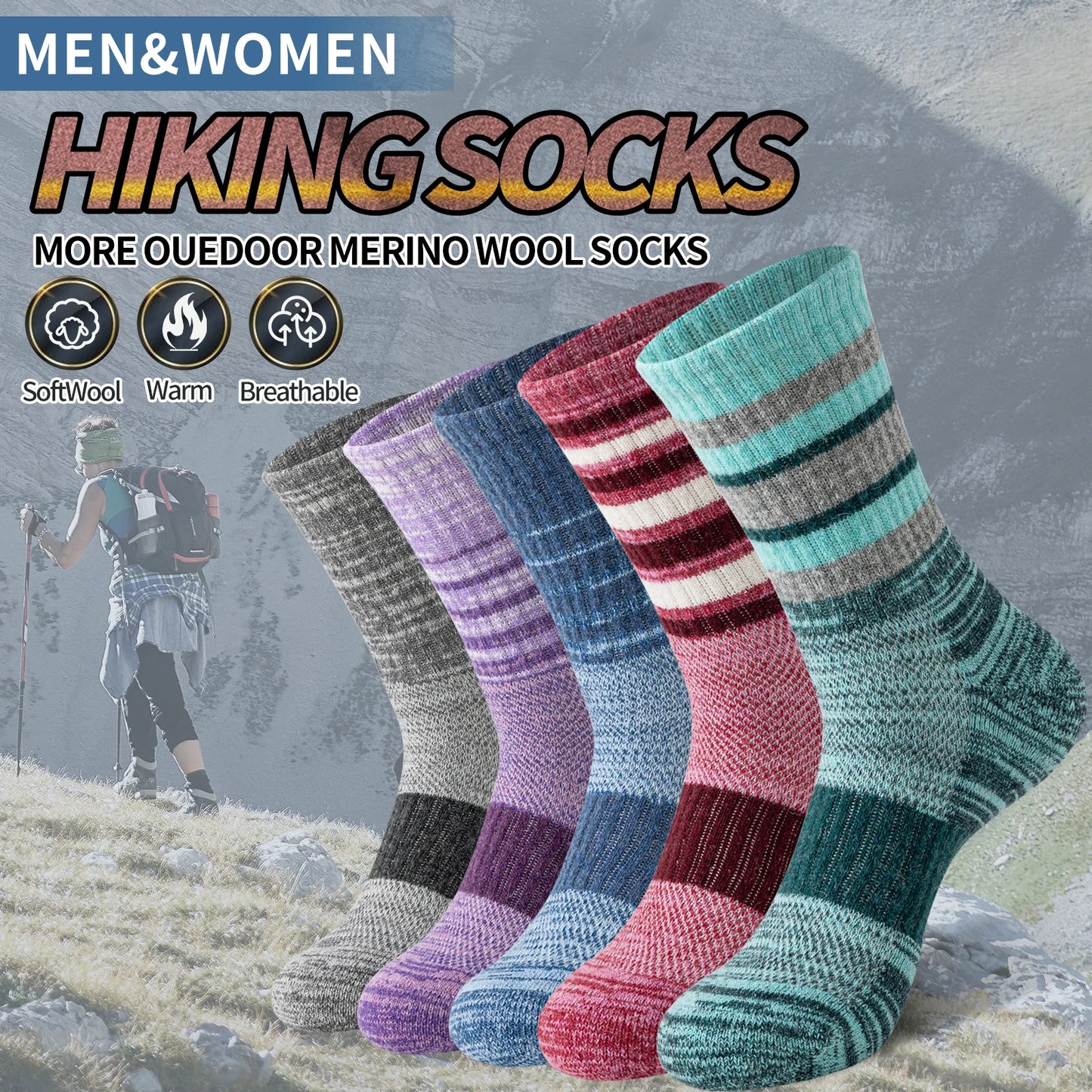 5 Pairs of Merino Wool Hiking Socks, Outdoor Long Socks,