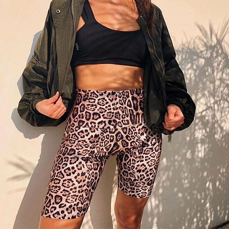 Women's Leopard Print Strethcy Fitness Leggings,Tight Sports Yoga Short, Summer Female High Waist Outdoor Cycling Short
