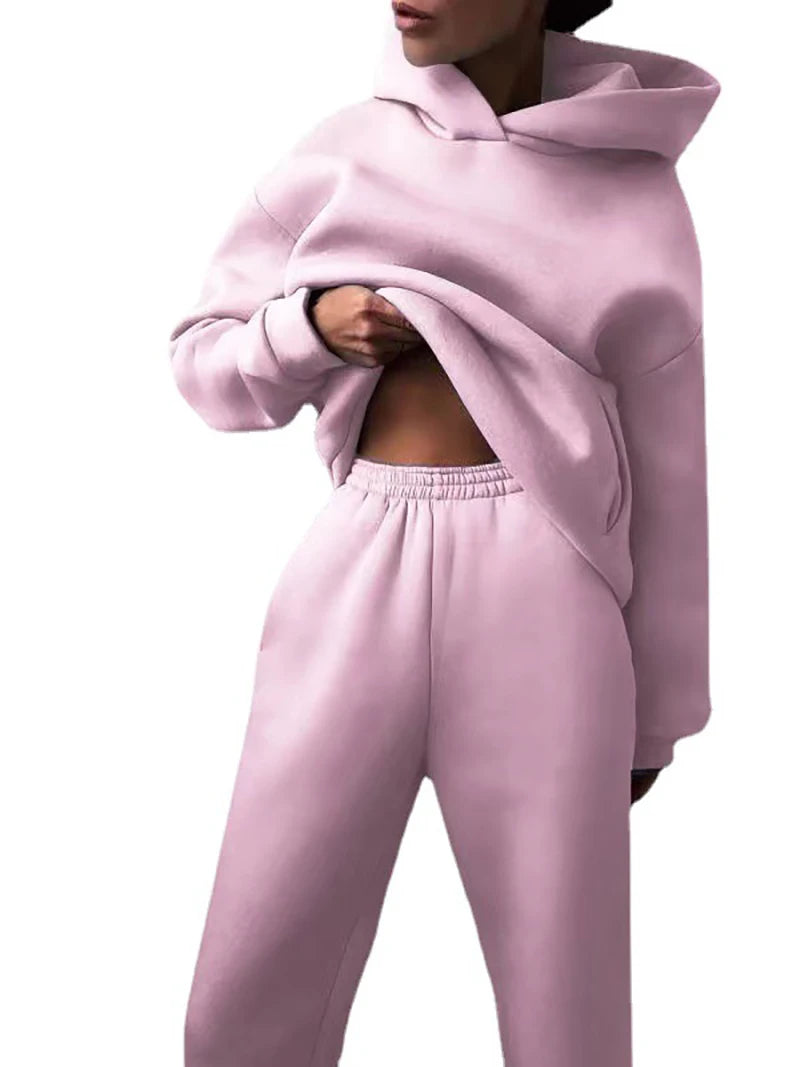 Winter Two Piece Sets Women Tracksuit Oversized, Solid Sports Hoodie Sportswear