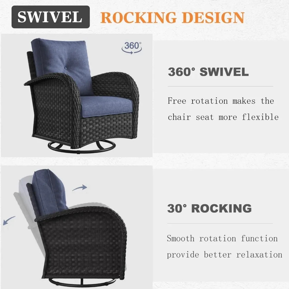 10 Piece Patio Furniture Set with Fire Pit Table, Wicker Rattan High Back Outdoor Swivel Chair Set, 	Black /Navy Blue