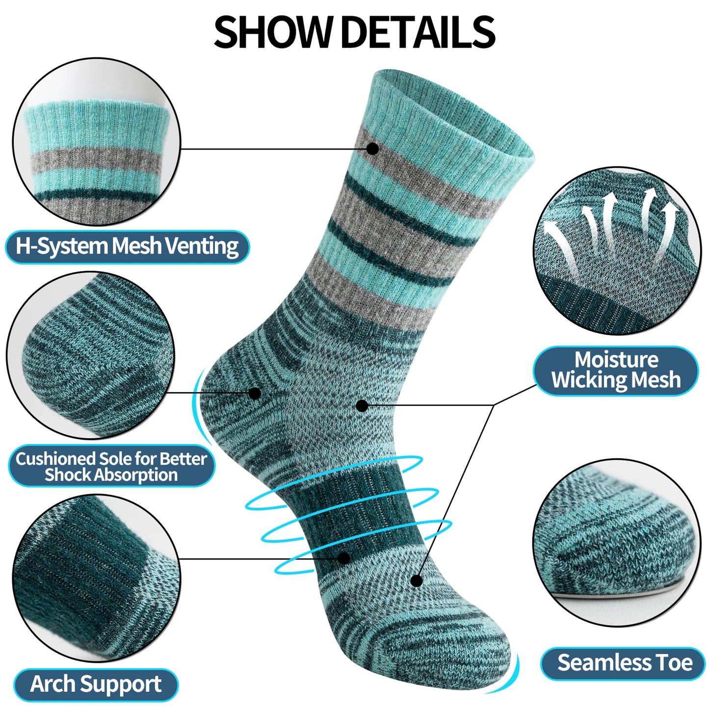 5 Pairs of Merino Wool Hiking Socks, Outdoor Long Socks,