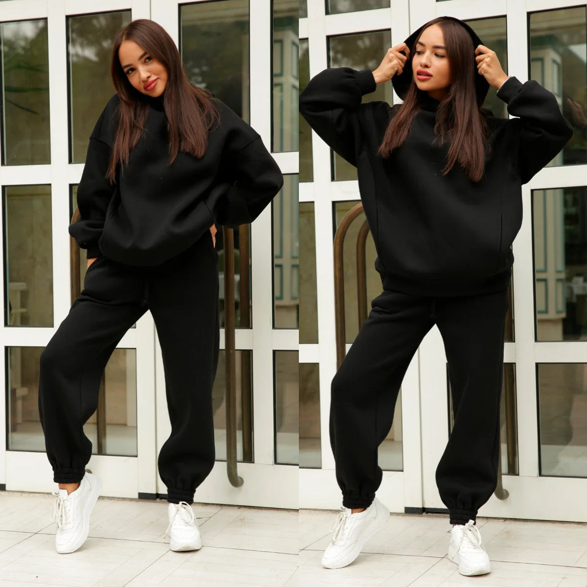 Women Fleece Two Piece Sets Elegant Solid Color, Warm Hoodies and Long Pant Sports Suit Winter Tracksuit