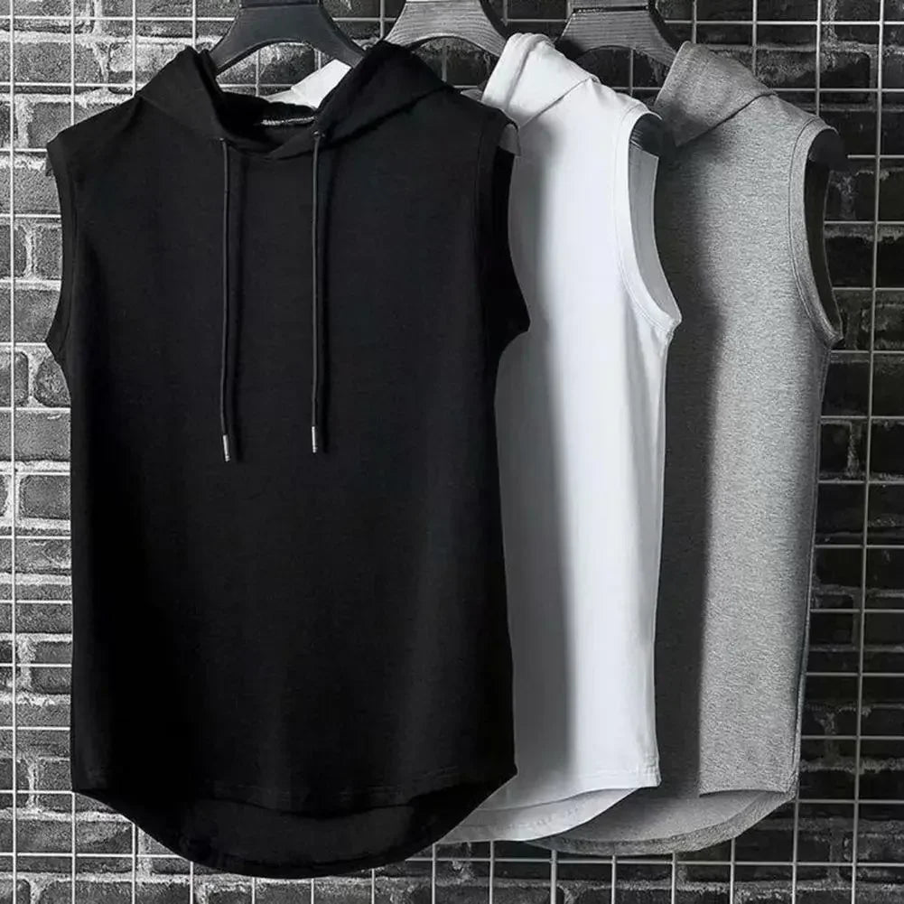 Ice Silk Summer Muscle Hoodie Vest Sleeveless Bodybuilding Gym