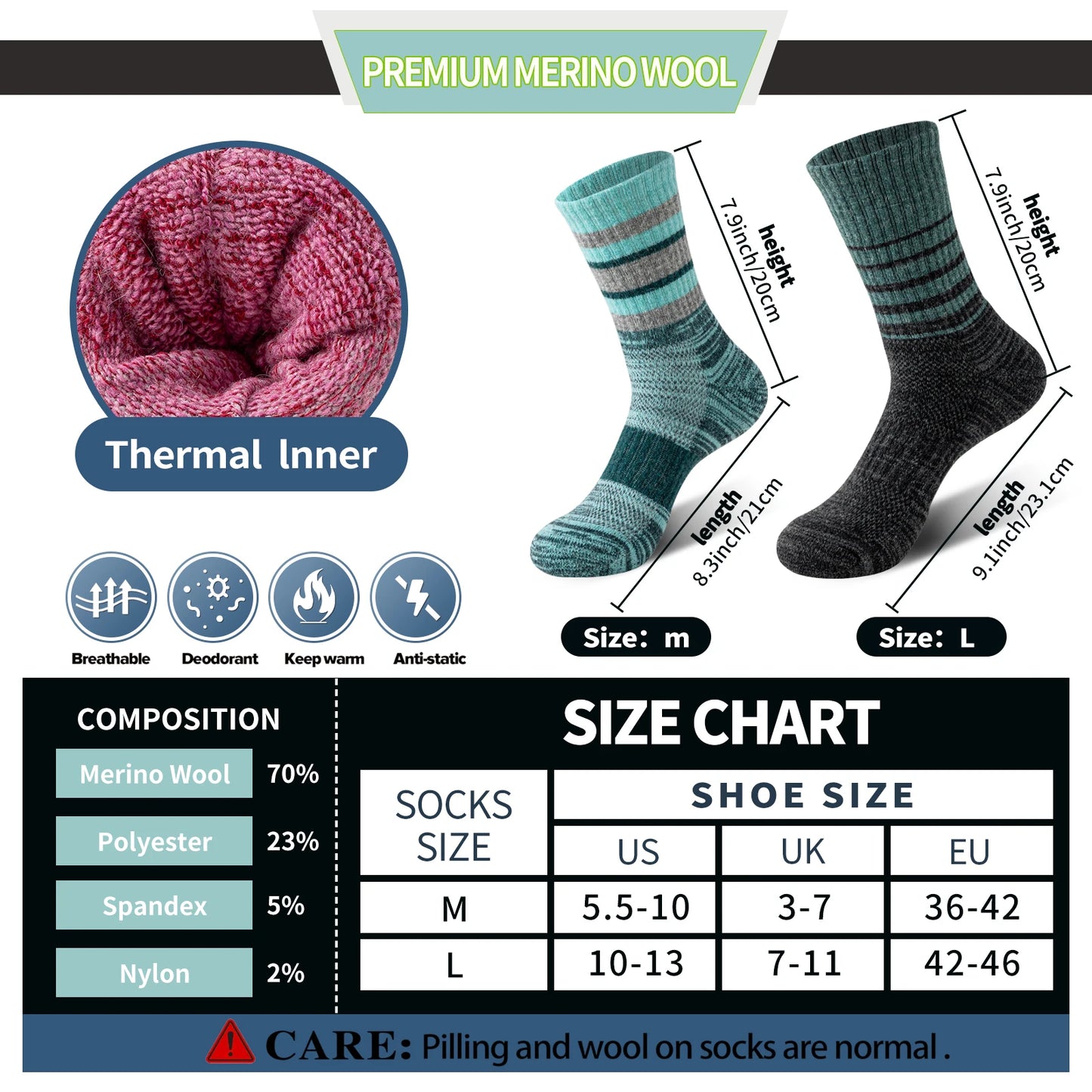 5 Pairs of Merino Wool Hiking Socks, Outdoor Long Socks,