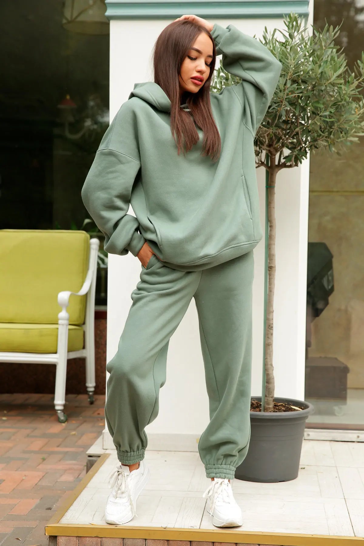 Women Fleece Two Piece Sets Elegant Solid Color, Warm Hoodies and Long Pant Sports Suit Winter Tracksuit