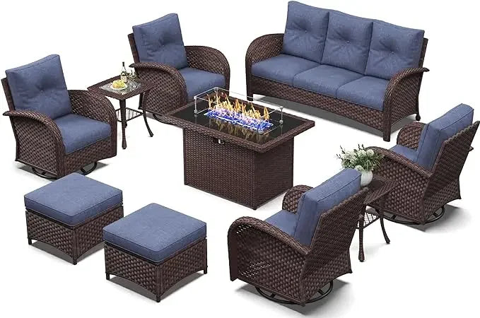 10 Piece Patio Furniture Set with Fire Pit Table, Wicker Rattan High Back Outdoor Swivel Chair Set, 	Black /Navy Blue