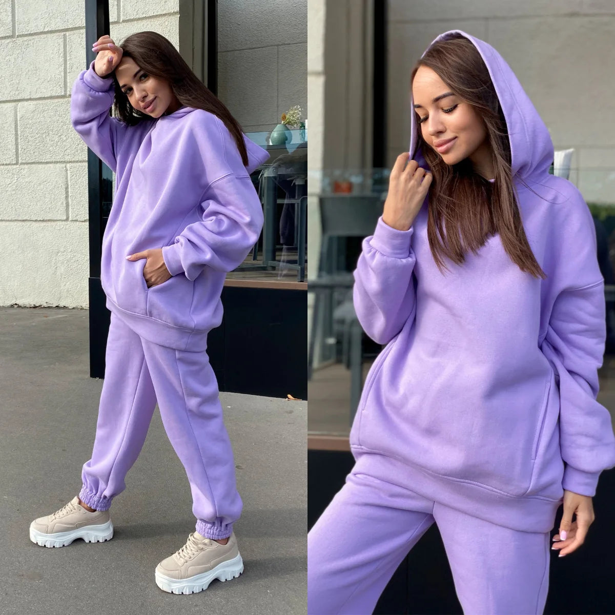 Women Fleece Two Piece Sets Elegant Solid Color, Warm Hoodies and Long Pant Sports Suit Winter Tracksuit