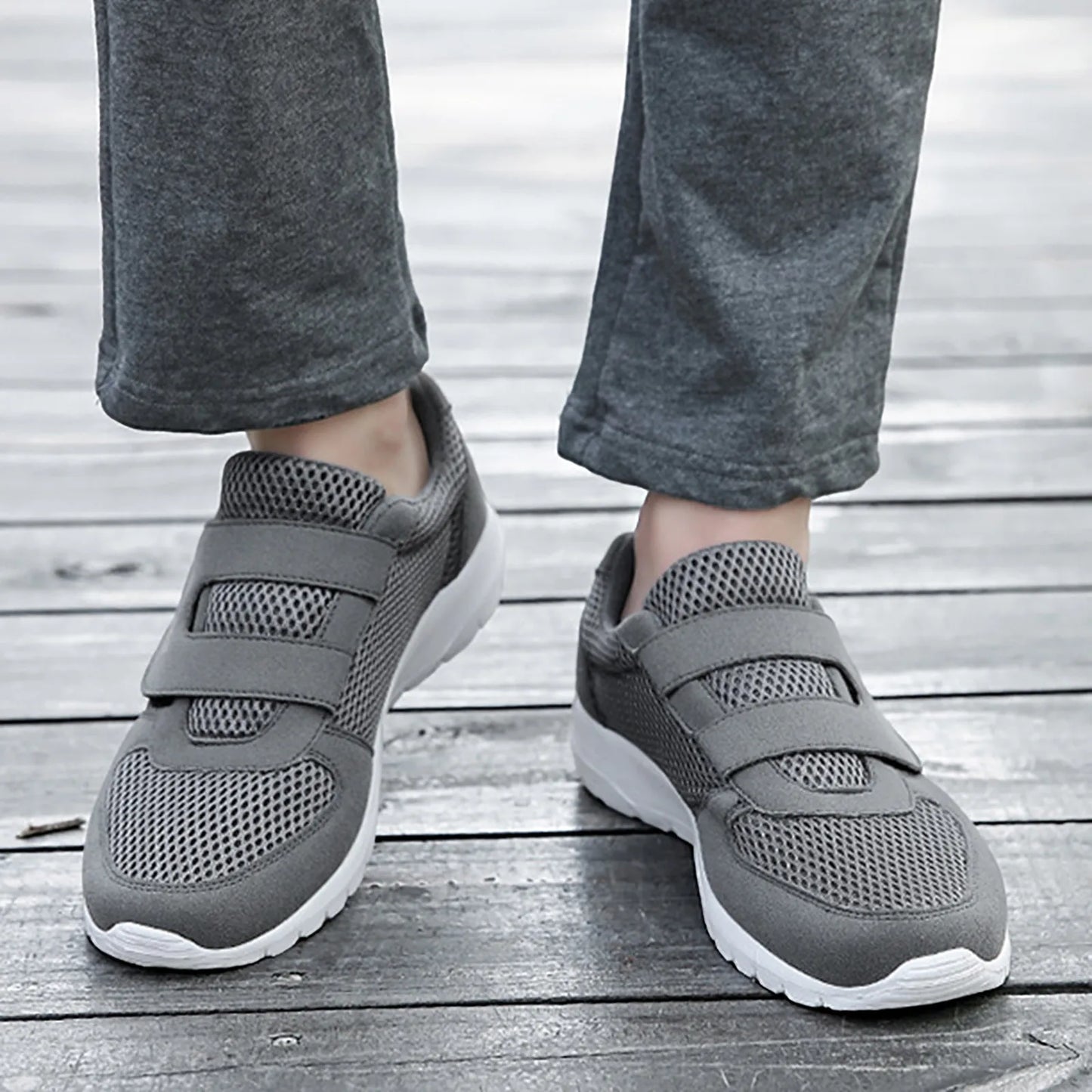 Men's Hook Loop Sneaker Solid Color Fly Woven Mesh Breathable Running Shoes