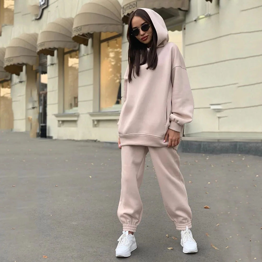 Women Fleece Two Piece Sets Elegant Solid Color, Warm Hoodies and Long Pant Sports Suit Winter Tracksuit