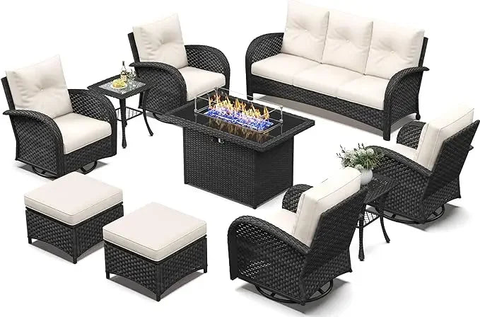 10 Piece Patio Furniture Set with Fire Pit Table, Wicker Rattan High Back Outdoor Swivel Chair Set, 	Black /Navy Blue