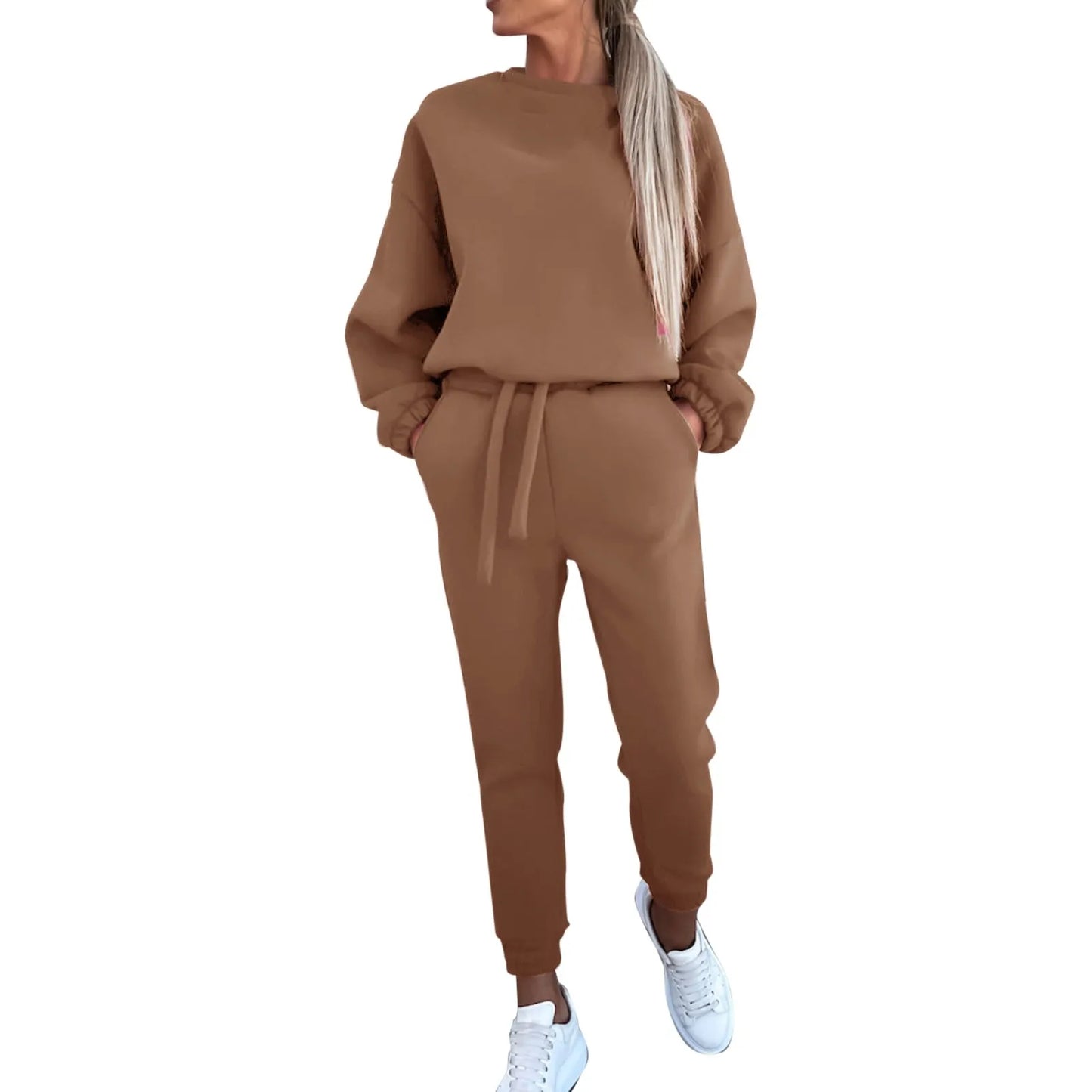 Women's Solid Color Round Neck Sweatshirt Pants Women Petite Womens Winter Apparel