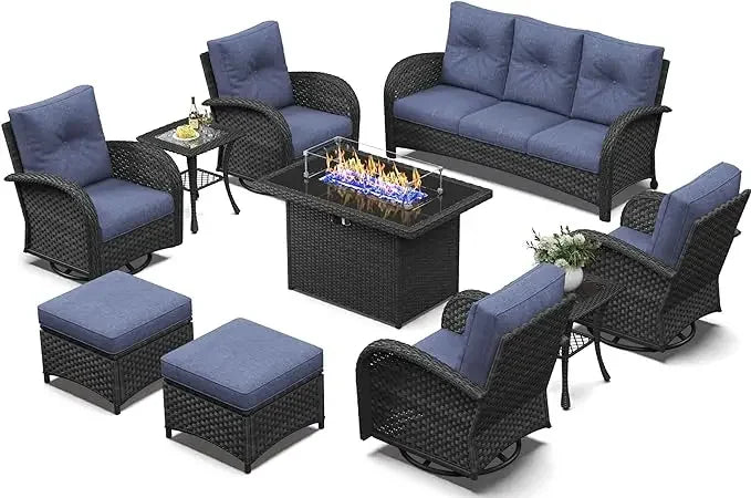 10 Piece Patio Furniture Set with Fire Pit Table, Wicker Rattan High Back Outdoor Swivel Chair Set, 	Black /Navy Blue