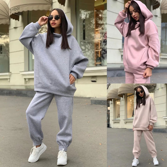Women Fleece Two Piece Sets Elegant Solid Color, Warm Hoodies and Long Pant Sports Suit Winter Tracksuit