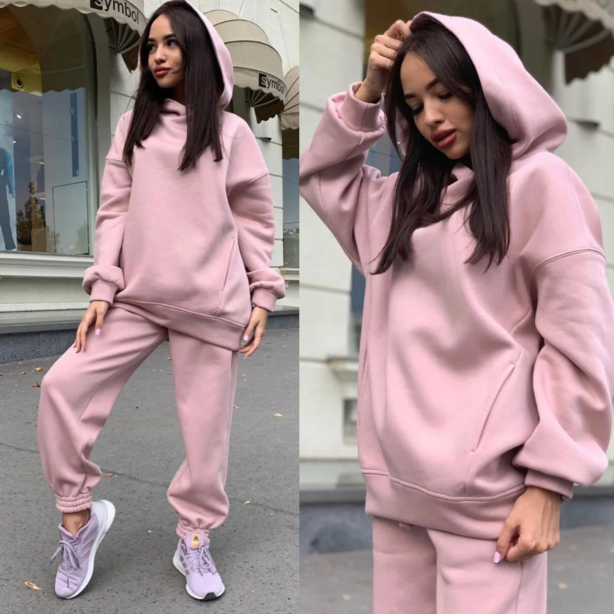 Women Fleece Two Piece Sets Elegant Solid Color, Warm Hoodies and Long Pant Sports Suit Winter Tracksuit