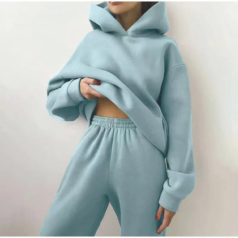 Winter Two Piece Sets Women Tracksuit Oversized, Solid Sports Hoodie Sportswear