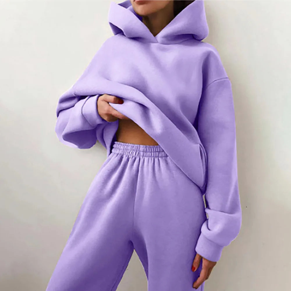 Winter Two Piece Sets Women Tracksuit Oversized, Solid Sports Hoodie Sportswear