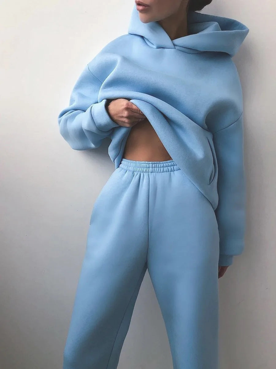 Winter Two Piece Sets Women Tracksuit Oversized, Solid Sports Hoodie Sportswear