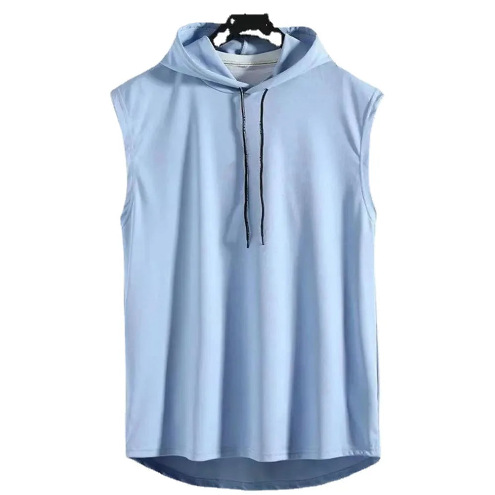 Ice Silk Summer Muscle Hoodie Vest Sleeveless Bodybuilding Gym