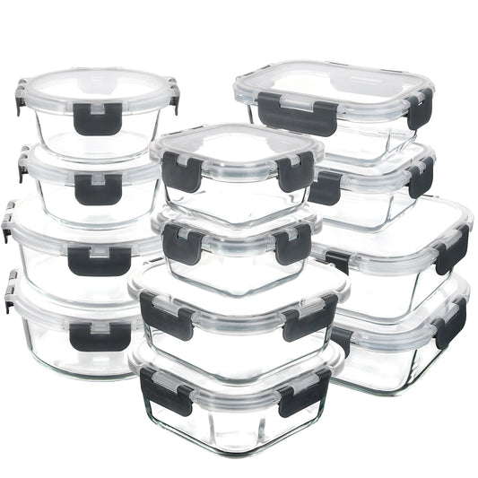 Glass Food Storage Containers with Lids, [24 Piece] Meal Prep Containers for Food Storage.