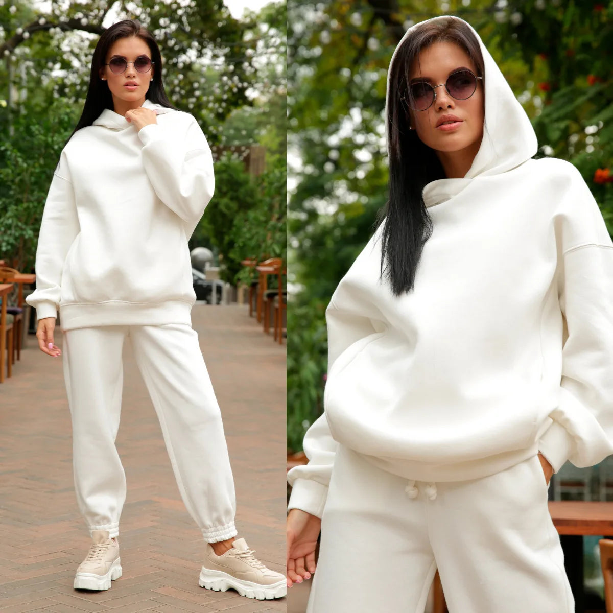Women Fleece Two Piece Sets Elegant Solid Color, Warm Hoodies and Long Pant Sports Suit Winter Tracksuit