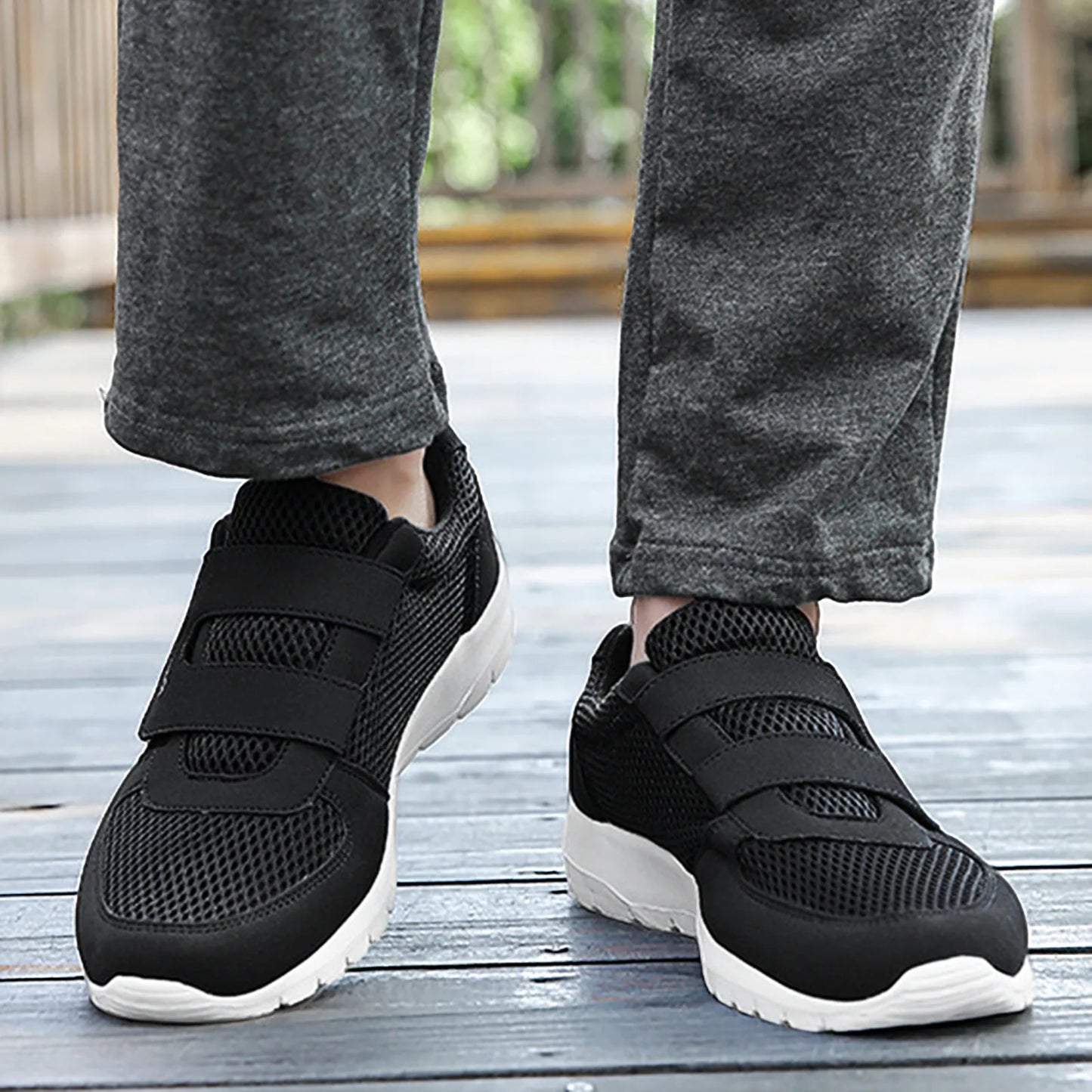 Men's Hook Loop Sneaker Solid Color Fly Woven Mesh Breathable Running Shoes